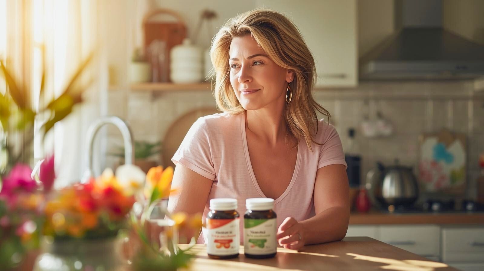 девушка сидит на кухне в солнечном свете с добавками