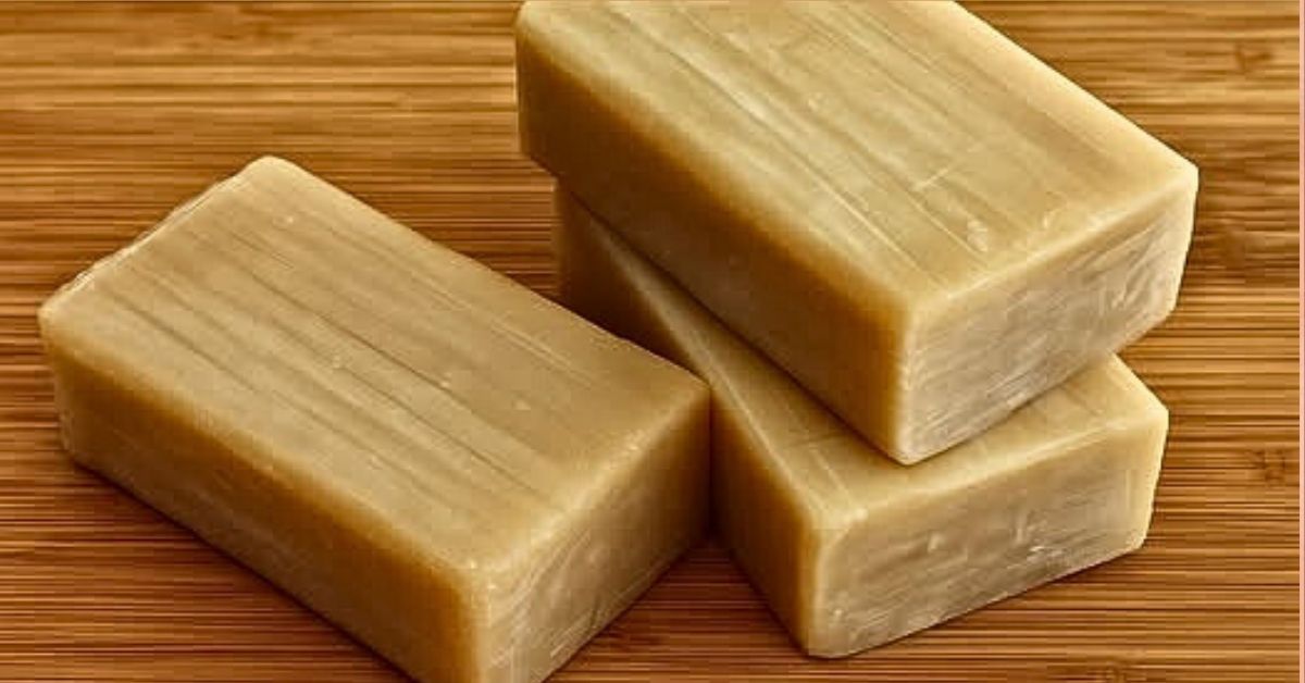 Брусок хозяйственного мыла на белом полотенце, натуральное средство для чистоты, ухода и здоровья