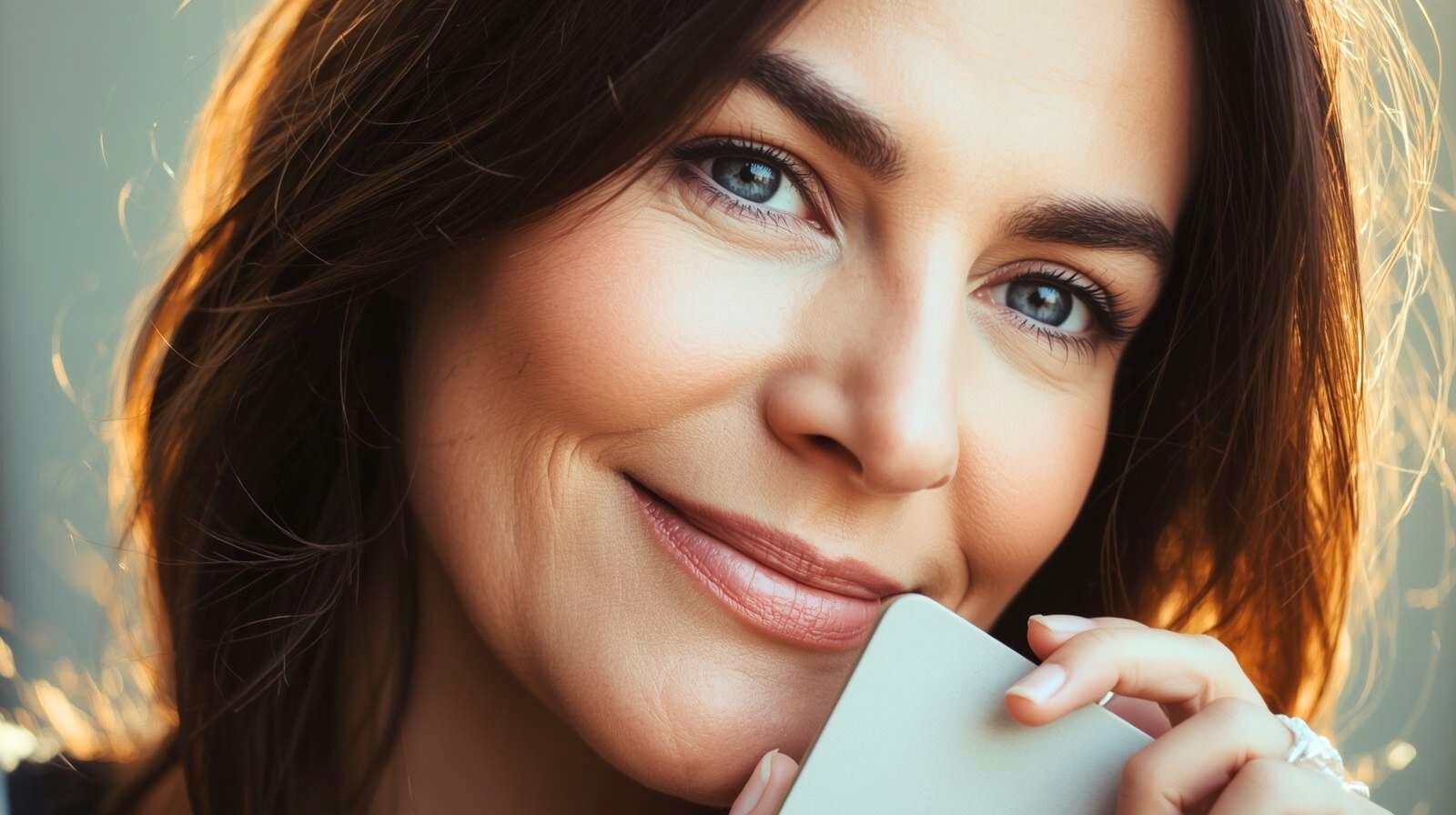 Девушка сидит у окна с чашкой чая, улыбается и думает о себе