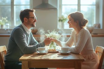 Пара обсуждает планы до свадьбы за кухонным столом