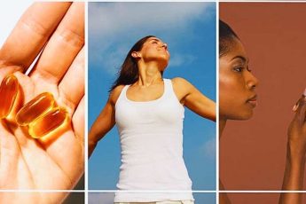 Коллаж из продуктов, богатых витаминами А, С, Е и D: морковь, цитрусовые, орехи, лосось. Витамины для молодости и анти-эйдж эффект.